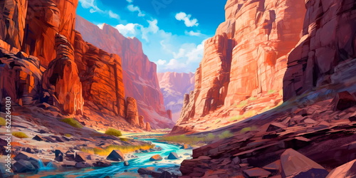 Majestic canyon with steep cliffs, winding rivers, and layers of colorful rock formations . Generative AI © Лилия Захарчук