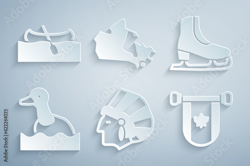 Set Native American Indian, Skates, Flying duck, Pennant Canada, map and Kayak or canoe icon. Vector