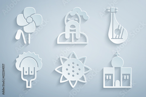 Set Sunflower, Bandura, Dumplings on fork, Church building, Ukrainian cossack and Poppy icon. Vector