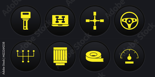 Set Gear shifter, Steering wheel, Car air filter, Scotch tape, Wheel wrench, Diagnostics condition of car, Speedometer and key with remote icon. Vector