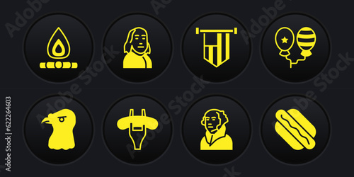 Set Eagle head, Balloons, Sausage the fork, George Washington, American flag, Benjamin Franklin, Hotdog sandwich and Campfire icon. Vector