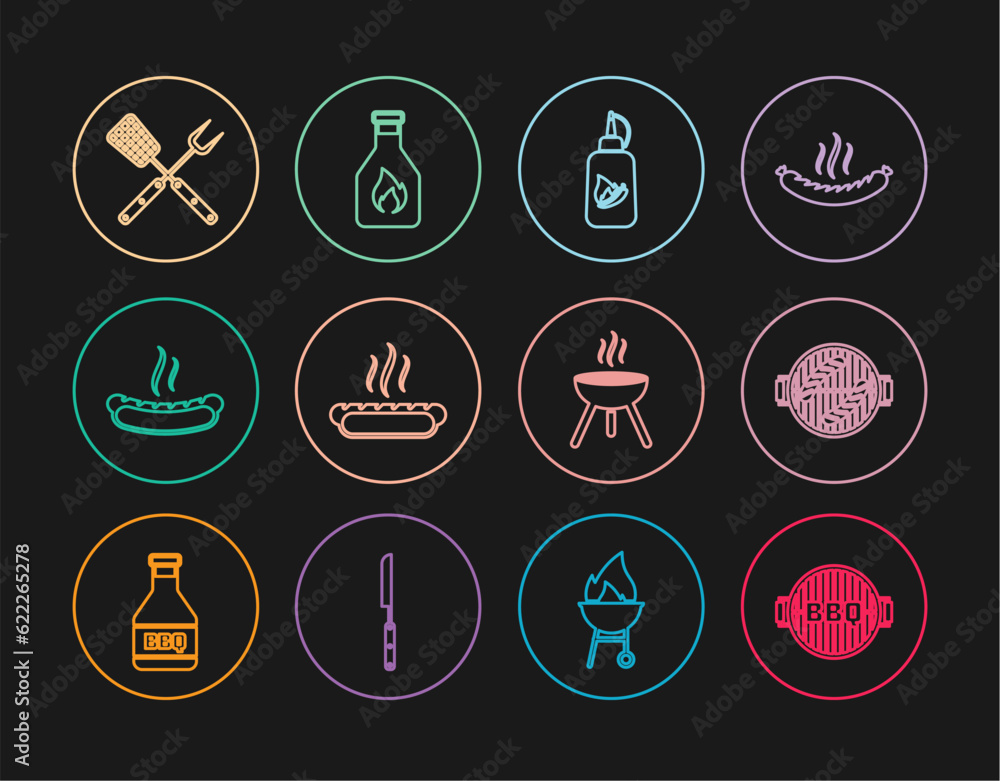 Set line Barbecue grill, with sausage, Ketchup bottle, Hotdog sandwich, Crossed fork spatula, and icon. Vector Set line Barbecue grill, with sausage, Ketchup bottle, Hotdog sandwich, Crossed fork spatula, and icon. Vector