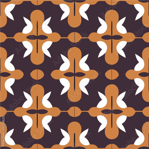 Abstract and elegant art deco pattern, characterized by a repeating fabric design on a black background. The orange and white elements create a visually appealing contrast.