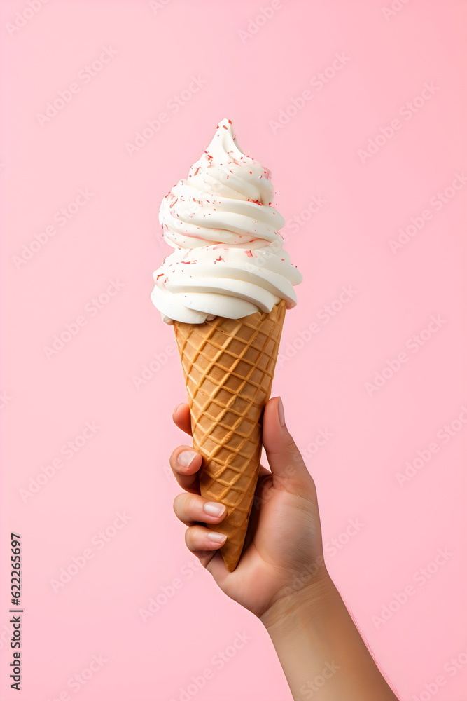 hand holding ice cream cone isolated on plain pink studio background, made with generative ai hand holding ice cream cone isolated on plain pink studio background, made with generative ai