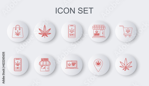 Set line Marijuana or cannabis leaf, Online buying marijuana, Location and, Shopping bag of, store and icon. Vector