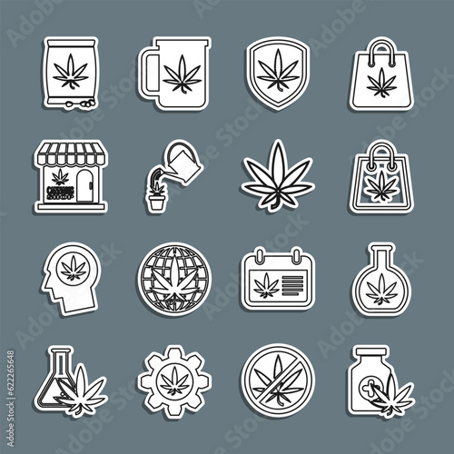 Set line Medical bottle with marijuana, Test tube, Shopping bag of, Shield and, Watering can, Marijuana cannabis store, seeds and leaf icon. Vector