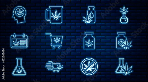 Set line Test tube with marijuana, Medical bottle, Marijuana or cannabis leaf oil, Shopping cart, Calendar and, Head profile, and Cup tea icon. Vector