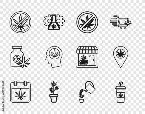 Set line Calendar and marijuana, Cup coffee with, Stop, Marijuana plant in pot, Head profile, Watering can and Location icon. Vector