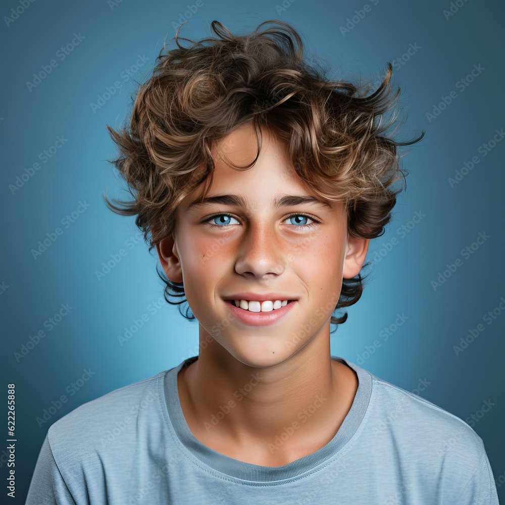 Portrait of a happy smiling teen boy with blond hair. Closeup face of a handsome teenage boy with curly hair smiling at camera on blue background. Front view, teenager boy in a blue shirt with a smile Portrait of a happy smiling teen boy with blond hair. Closeup face of a handsome teenage boy with curly hair smiling at camera on blue background. Front view, teenager boy in a blue shirt with a smile