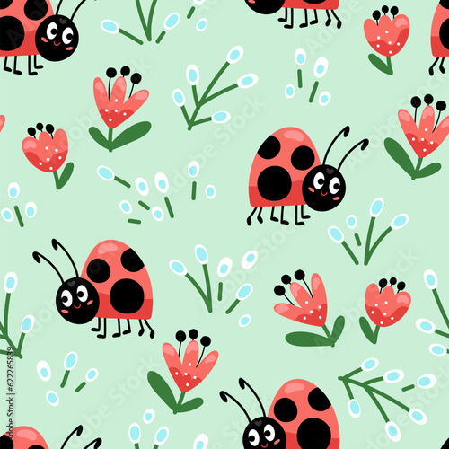 Ladybugs and flowers seamless pattern
