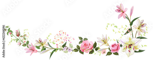 Panoramic view: bouquet of pink roses, lilies, spring blossom. Horizontal border for Mothers Day or wedding invitation. Gentle realistic illustration in watercolor style on white background. Vector