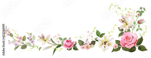 Panoramic view: bouquet of pink roses, lilies, spring blossom. Horizontal border for Mothers Day or wedding invitation. Gentle realistic illustration in watercolor style on white background. Vector