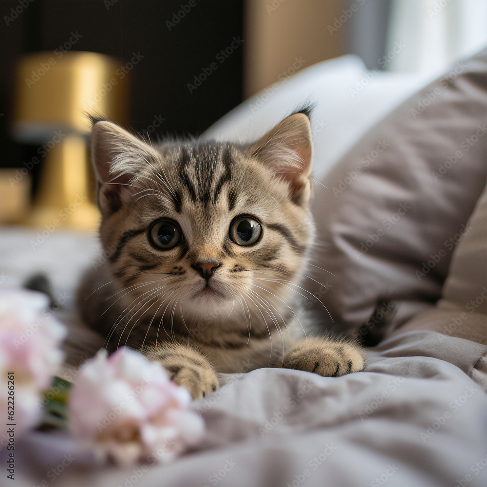 Gray kitten, lying on the bed and looking at the camera. Gray kitten, lying on the bed and looking at the camera.