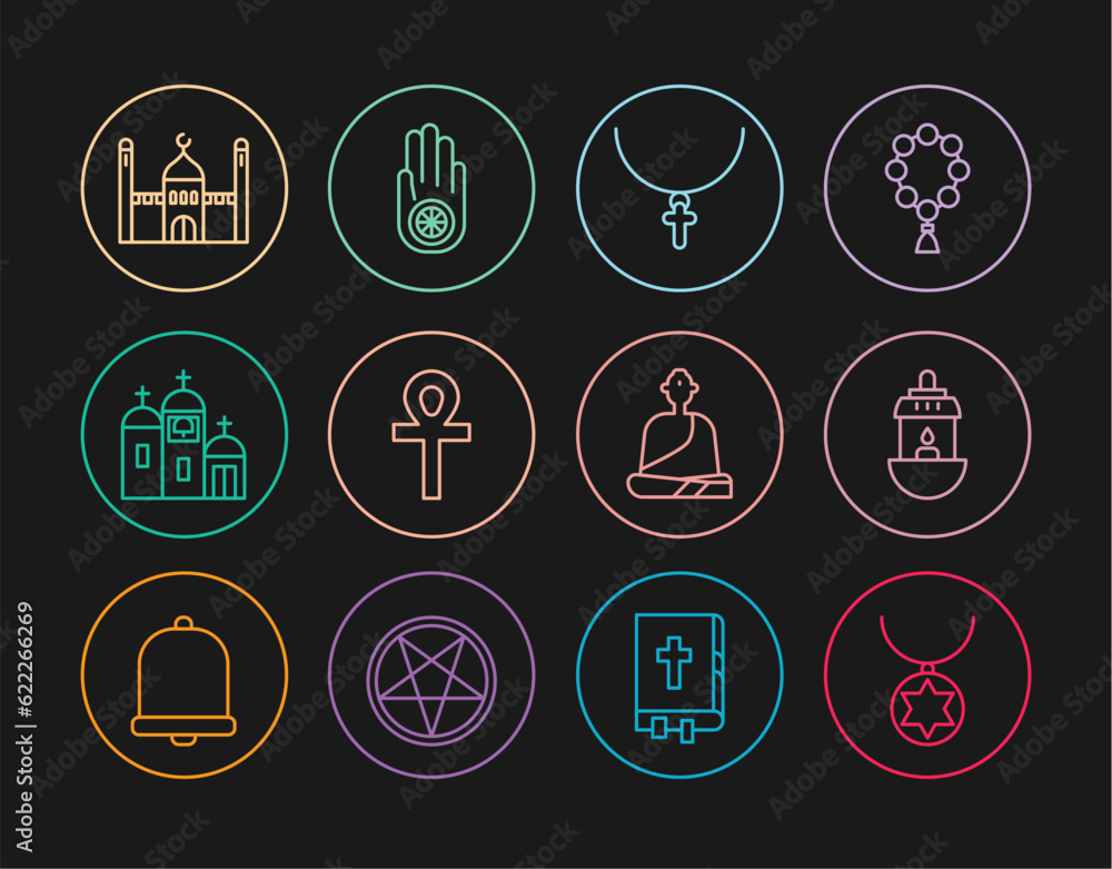 Set line Star of David necklace on chain, Ramadan Kareem lantern, Christian cross, Cross ankh, Church building, Muslim Mosque, Buddhist monk and Jainism or Jain Dharma icon. Vector Set line Star of David necklace on chain, Ramadan Kareem lantern, Christian cross, Cross ankh, Church building, Muslim Mosque, Buddhist monk and Jainism or Jain Dharma icon. Vector