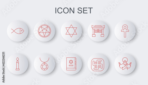 Set line Jesus Christ, Burning candle, Star of David, Jainism, Christian fish, Pentagram circle, necklace on chain and Jewish torah book icon. Vector