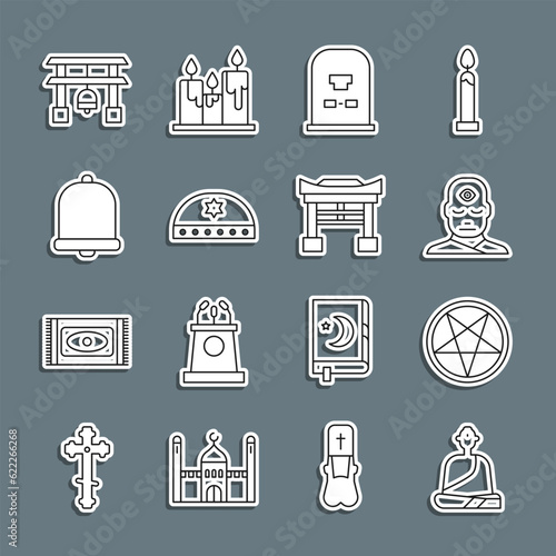 Set line Buddhist monk, Pentagram in a circle, Man with third eye, Tombstone RIP written, Jewish kippah star of david, Church bell, Japan Gate and icon. Vector