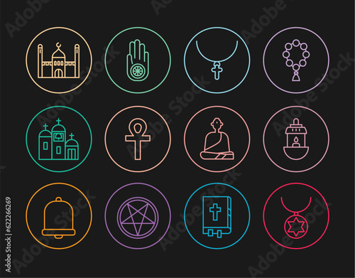 Set line Star of David necklace on chain, Ramadan Kareem lantern, Christian cross, Cross ankh, Church building, Muslim Mosque, Buddhist monk and Jainism or Jain Dharma icon. Vector