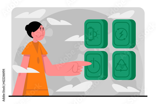 Young female standing near buttons and turn on green energy. Concept of rational use of natural energy for domestic needs. Environmentally conscious living. Flat vector illustration in cartoon style