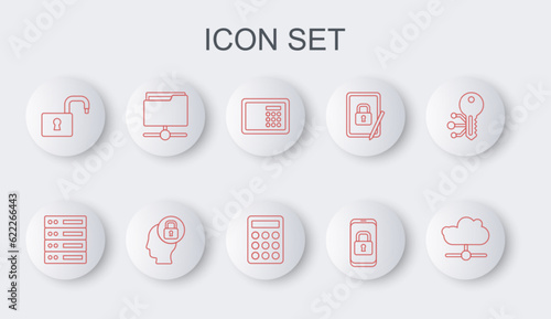 Set line Network cloud connection, Server, Data, Web Hosting, Safe, Mobile with closed padlock, Open, FTP folder, Human head and Password protection icon. Vector