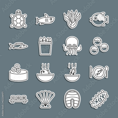 Set line Sea cucumber, Served fish on plate, Takoyaki, Seaweed, Fishing bucket with fishes, Turtle and Octopus icon. Vector