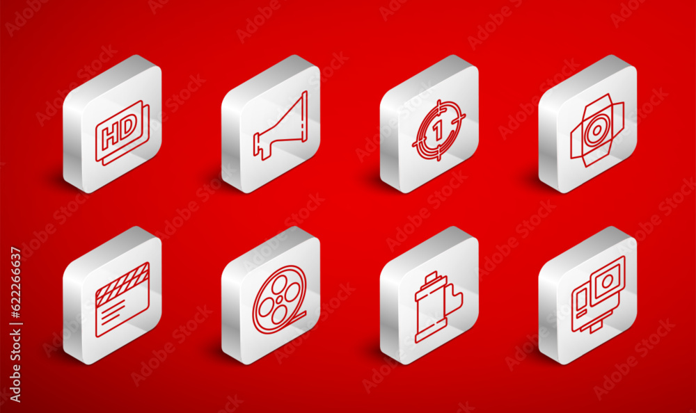 Set line Action extreme camera, Megaphone, Old film movie countdown frame, Movie spotlight, Camera roll cartridge, Hd movie, tape,, Film reel and clapper icon. Vector Set line Action extreme camera, Megaphone, Old film movie countdown frame, Movie spotlight, Camera roll cartridge, Hd movie, tape,, Film reel and clapper icon. Vector