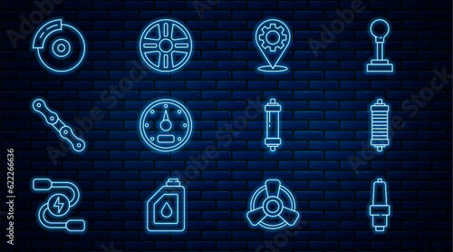 Set line Car spark plug, Shock absorber, service, Speedometer, chain, brake disk with caliper, and Alloy wheel icon. Vector