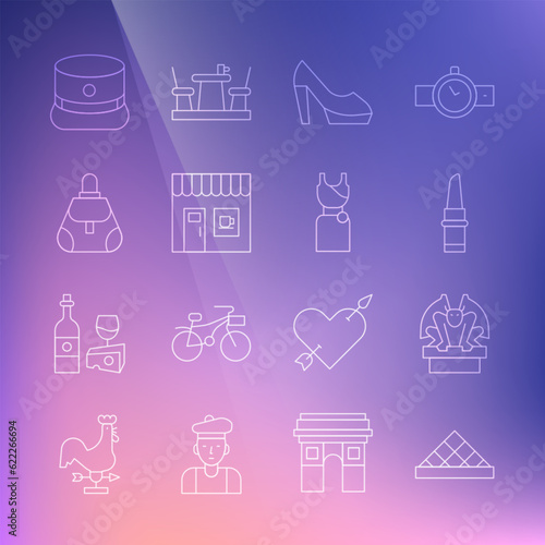 Set line Louvre museum, Gargoyle on pedestal, Lipstick, Woman shoe, Coffee shop, Handbag, Kepi and dress icon. Vector