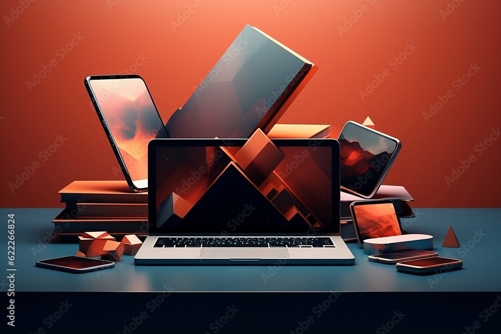 minimalistic art of latest technology laptop computer and mobile phone on isolated background created with generative ai - obrazy, fototapety, plakaty 