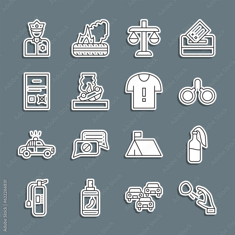 Set line Hooligan shooting stones, Cocktail molotov, Handcuffs, Scales of justice, Burning car, Poll document, Police officer and T-shirt protest icon. Vector Set line Hooligan shooting stones, Cocktail molotov, Handcuffs, Scales of justice, Burning car, Poll document, Police officer and T-shirt protest icon. Vector