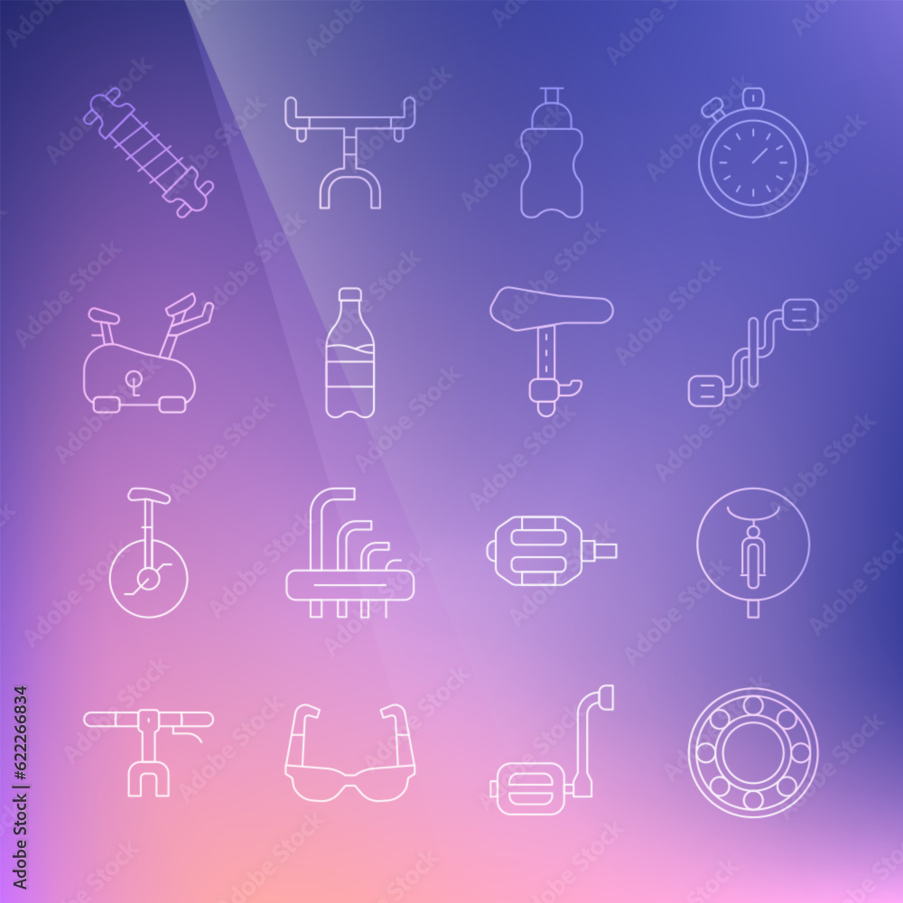 Set line Bicycle ball bearing, pedals, Sport bottle with water, Stationary bicycle, suspension and seat icon. Vector Set line Bicycle ball bearing, pedals, Sport bottle with water, Stationary bicycle, suspension and seat icon. Vector