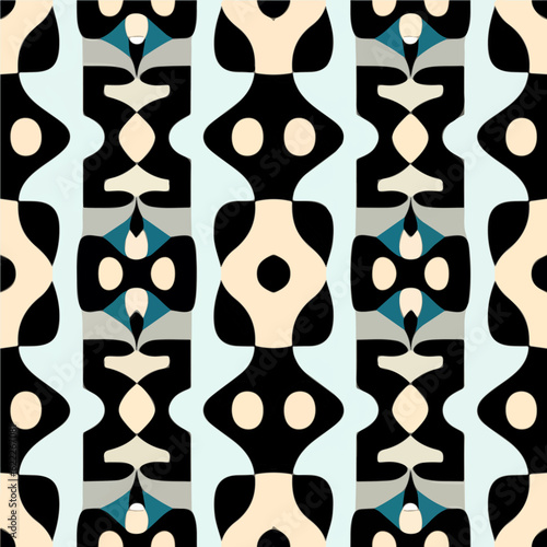 Captivating black and white pattern composed of various shapes echoes an art deco aesthetic and can be seamlessly repeated for fabric designs.