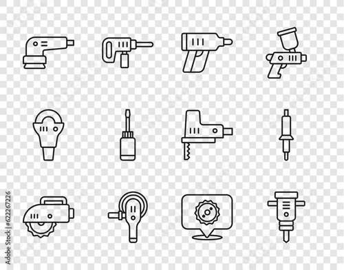 Set line Electric circular saw, Construction jackhammer, cordless screwdriver, Angle grinder, sander, Screwdriver, Circular blade and Soldering iron icon. Vector