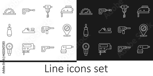 Set line Electric sander, Circular saw blade, Electrical hand concrete mixer, Wood plane tool, Screwdriver, circular, drill machine and Rotary hammer icon. Vector