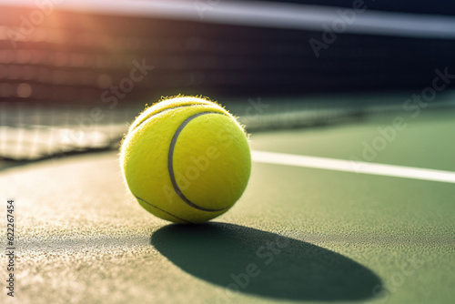 Tennis ball and racket on a court. AI generated © yuliachupina