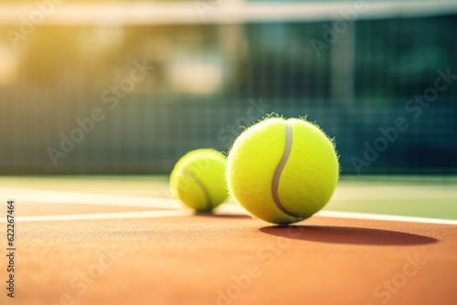Tennis ball and racket on a court. AI generated
