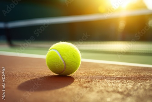 Tennis ball and racket on a court. AI generated © yuliachupina