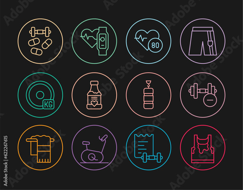 Set line Sweaty sleeveless t-shirt, Dumbbell, Heart rate, Vitamins, Weight plate, Sports doping with dumbbell, Punching bag and Smart watch heart icon. Vector