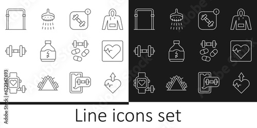Set line Heartbeat increase, rate, Fitness app, Sports nutrition, Dumbbell, horizontal bar, doping with dumbbell and Shower icon. Vector