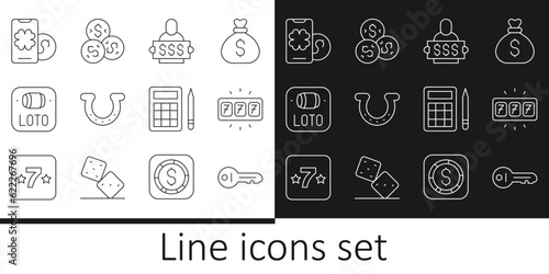 Set line Old key, Slot machine with jackpot, Winner holding prize ticket, Horseshoe, Lottery, Online poker table game, Bingo card and Casino chip dollar icon. Vector