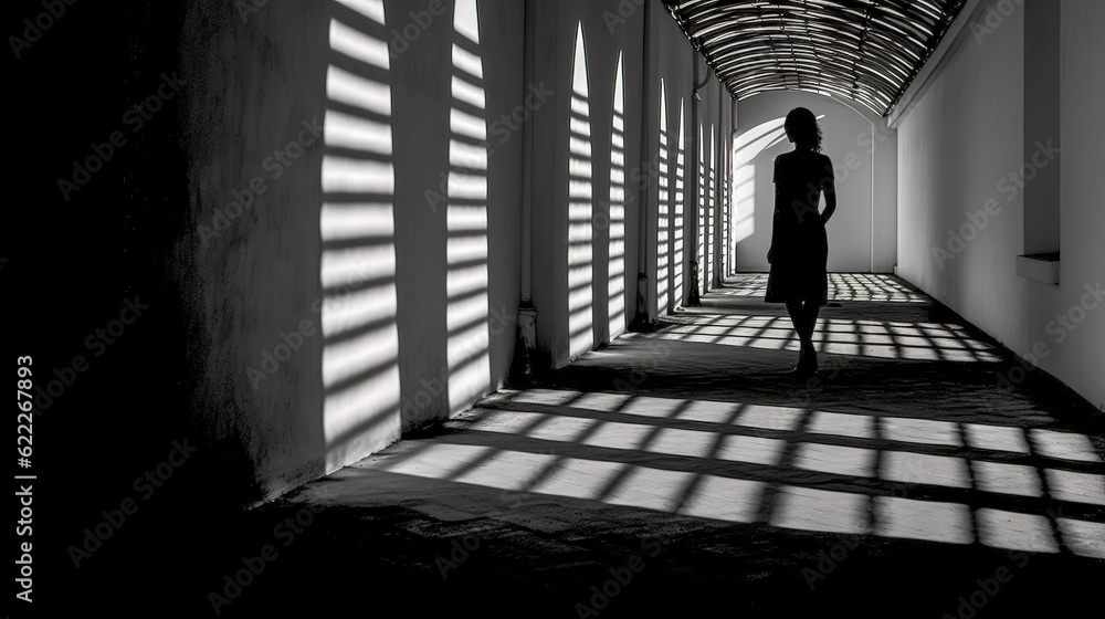 silhouette of a woman in the corridor, light and shadow and on the wall and floor, black and white, made with Generative AI