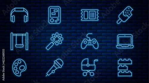 Set line Toy building block bricks, Laptop, Circus ticket, Rattle baby toy, Swing, Headphones, Gamepad and Tetris electronic game icon. Vector