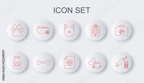 Set line Syringe with pet vaccine, Cat medicine bottle, Dog, Veterinary clinic, Paw print, Medical veterinary record folder, bone and certificate for dog cat icon. Vector