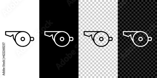 Set line Whistle icon isolated on black and white background. Referee symbol. Fitness and sport sign. Vector