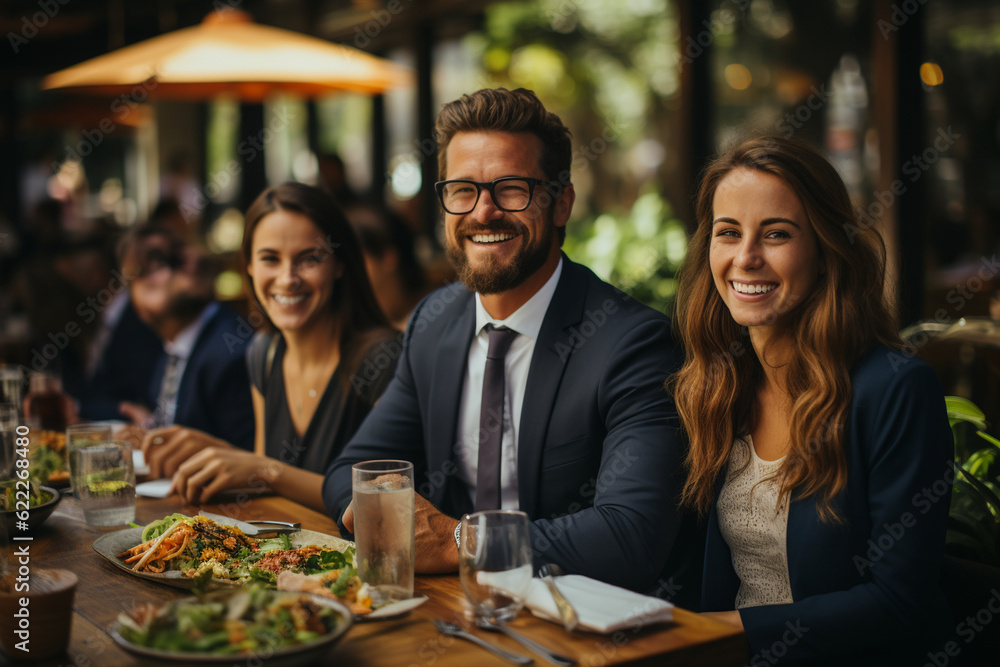 A candid moment captured during a team lunch, where colleagues are enjoying diverse cuisines, colleagues, portrait, business Generative AI