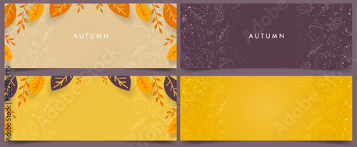 Set of Autumn-themed Banner and Cover Templates with hand drawn autumn elements leaves, maple, acorn, pumpkin. Vector Illustration. EPS 10.