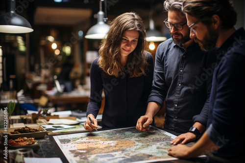 A collaborative scene of colleagues working on a project, with a world map in the background, colleagues, portrait, business Generative AI © Катерина Євтехова