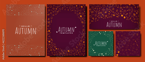 Red & Brown Autumn templates, poster, banner, and square greeting cards with decorative hand drawn Fall elements, pumpkin, acorn, leaves, foliage. Vector Illustration. EPS 10. 