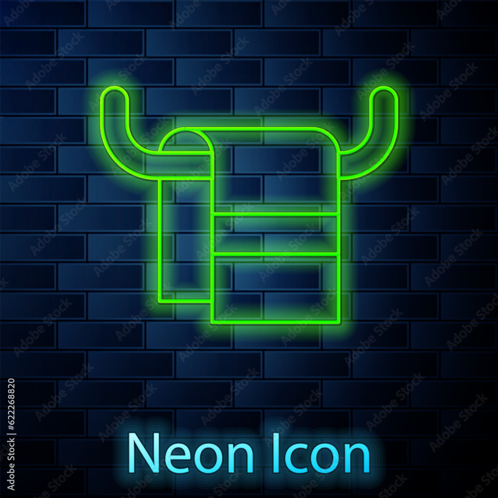 Glowing neon line Towel on a hanger icon isolated on brick wall background. Bathroom towel icon. Vector Glowing neon line Towel on a hanger icon isolated on brick wall background. Bathroom towel icon. Vector