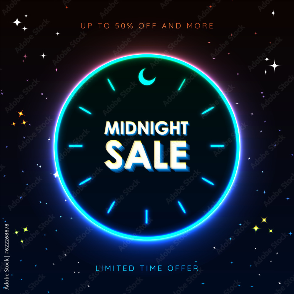 Glowing Midnight Sale sign card poster on dark background with night stars, inside a neon clock with crescent moon. Up to 50% off and more. Limited time offer. Vector Illustration. EPS 10. Glowing Midnight Sale sign card poster on dark background with night stars, inside a neon clock with crescent moon. Up to 50% off and more. Limited time offer. Vector Illustration. EPS 10.
