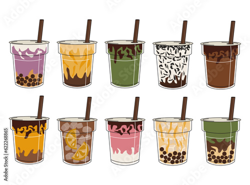 Set of illustrations of drinks (coffee, milkshake, iced tea, and others) to go. Takeaway. Vector graphic.